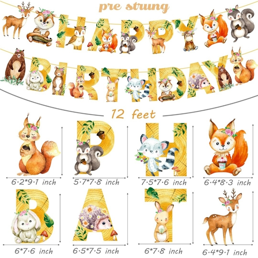 🍎 Nwt Woodland Animal Birthday Party Banner 2Pcs Forest Animals Decoration